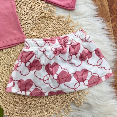 Conj. Blusa I Shine I Smile e Short Saia Corações em Plush - Rosa